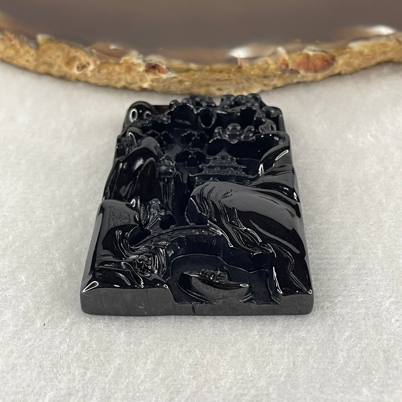 Certified Natural Type A Black Omphacite Jadeite Shan Shui with Guiren Benefactor Pendant 29.44g 55.3 by 37.6 by 8.8mm