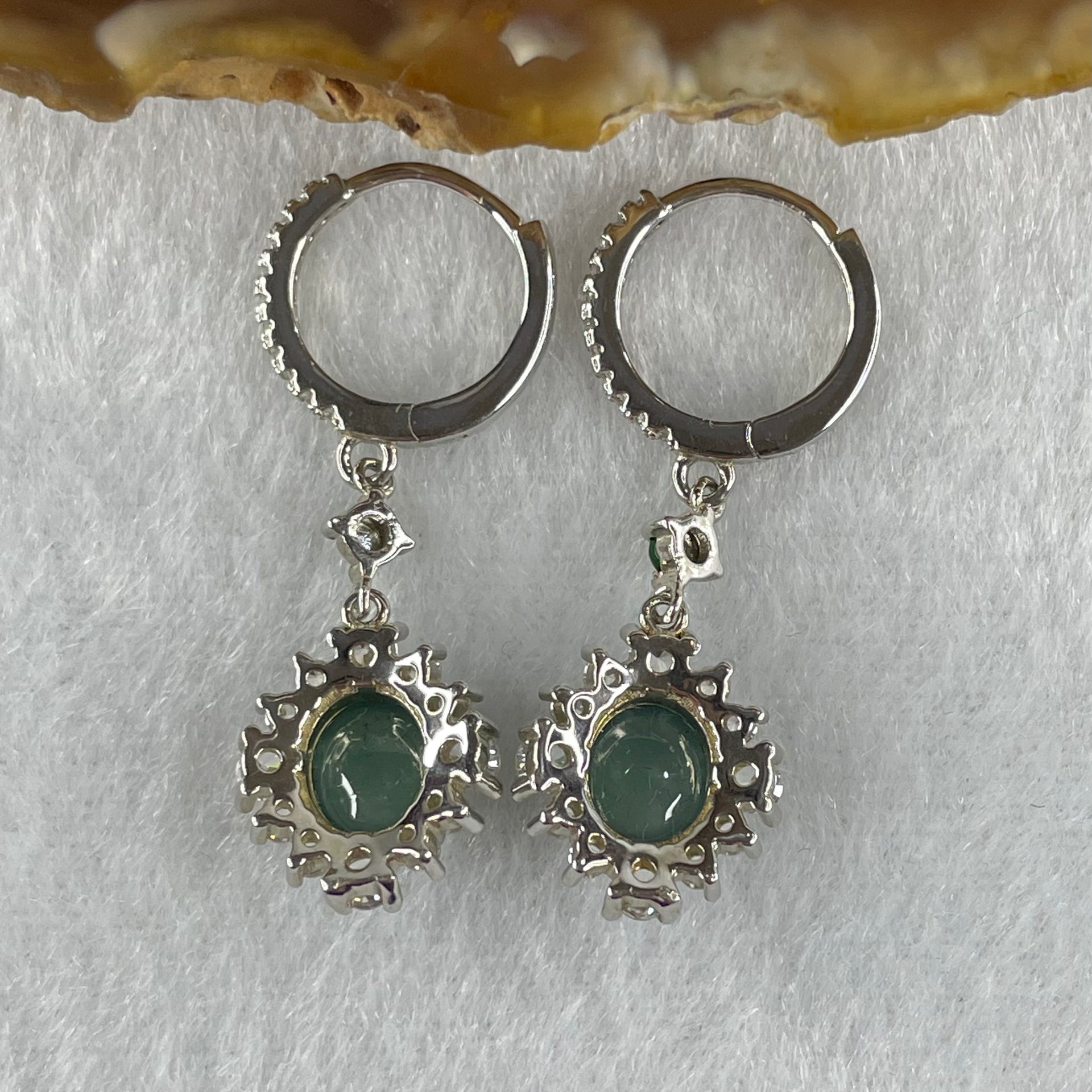 Type A icy Blueish Green Jadeite Cabochons With Crystals in S925 Sliver Earrings 4.51g 7.7 by 6.7 by 3.5mm - Huangs Jadeite and Jewelry Pte Ltd
