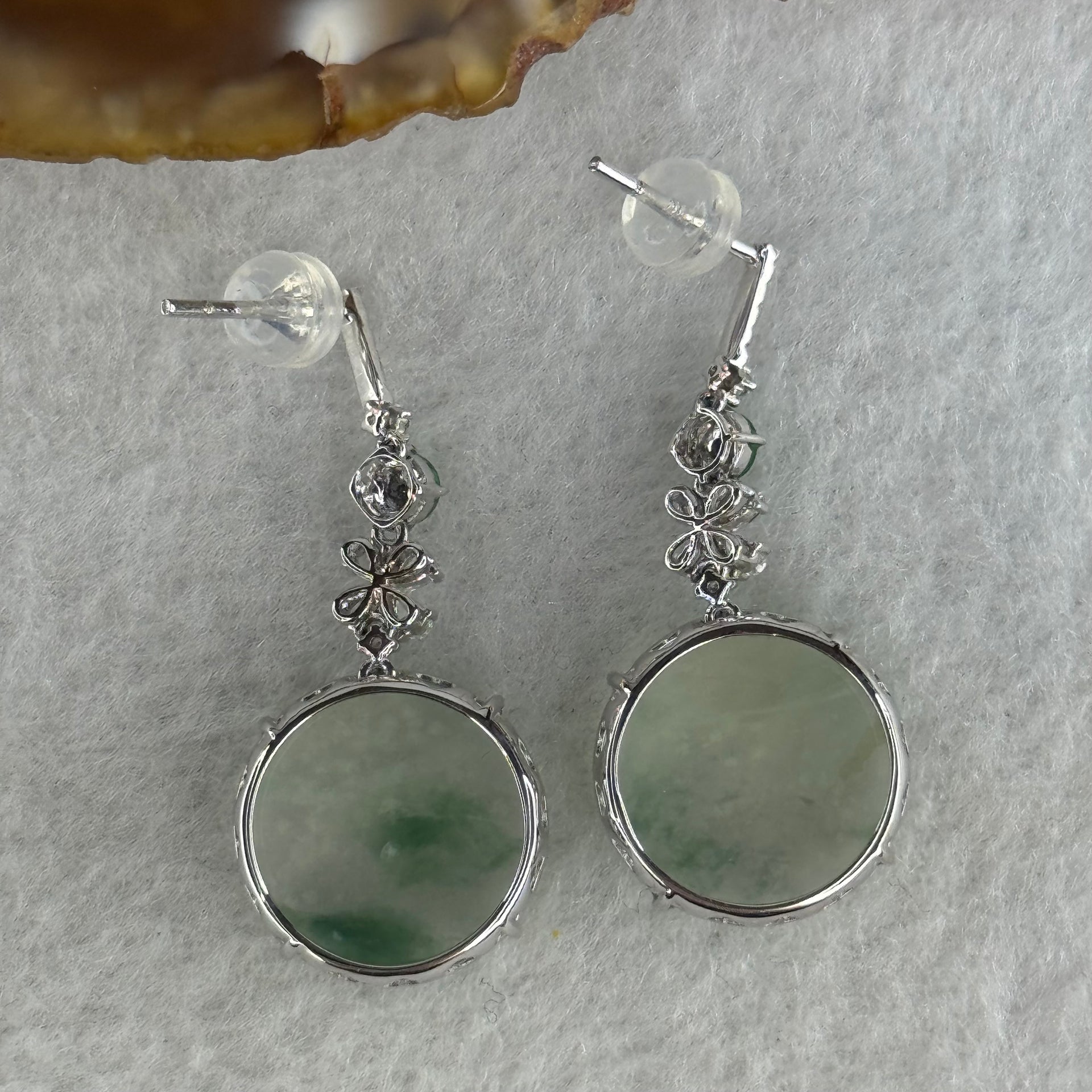 Type A Icy Faint Green with Blueish Green Piao Hua Jade Jadeite Earrings 18k White gold, diamonds and white sapphires 5.08g 33.6 by 14.8 by 5.2mm - Huangs Jadeite and Jewelry Pte Ltd