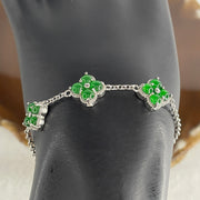 Natural Type A Omphacite Spicy Green Jadeite Cabochon 4-Leaf Clover in S925 Silver Bracelet | (4.34g | 15–18cm | 3.6 x 1.5mm x 12 Pcs | "Sì Yè Cǎo" Ultimate Good Luck Anchor, Feng Shui Prosperity Strand) - Huangs Jadeite and Jewelry Pte Ltd