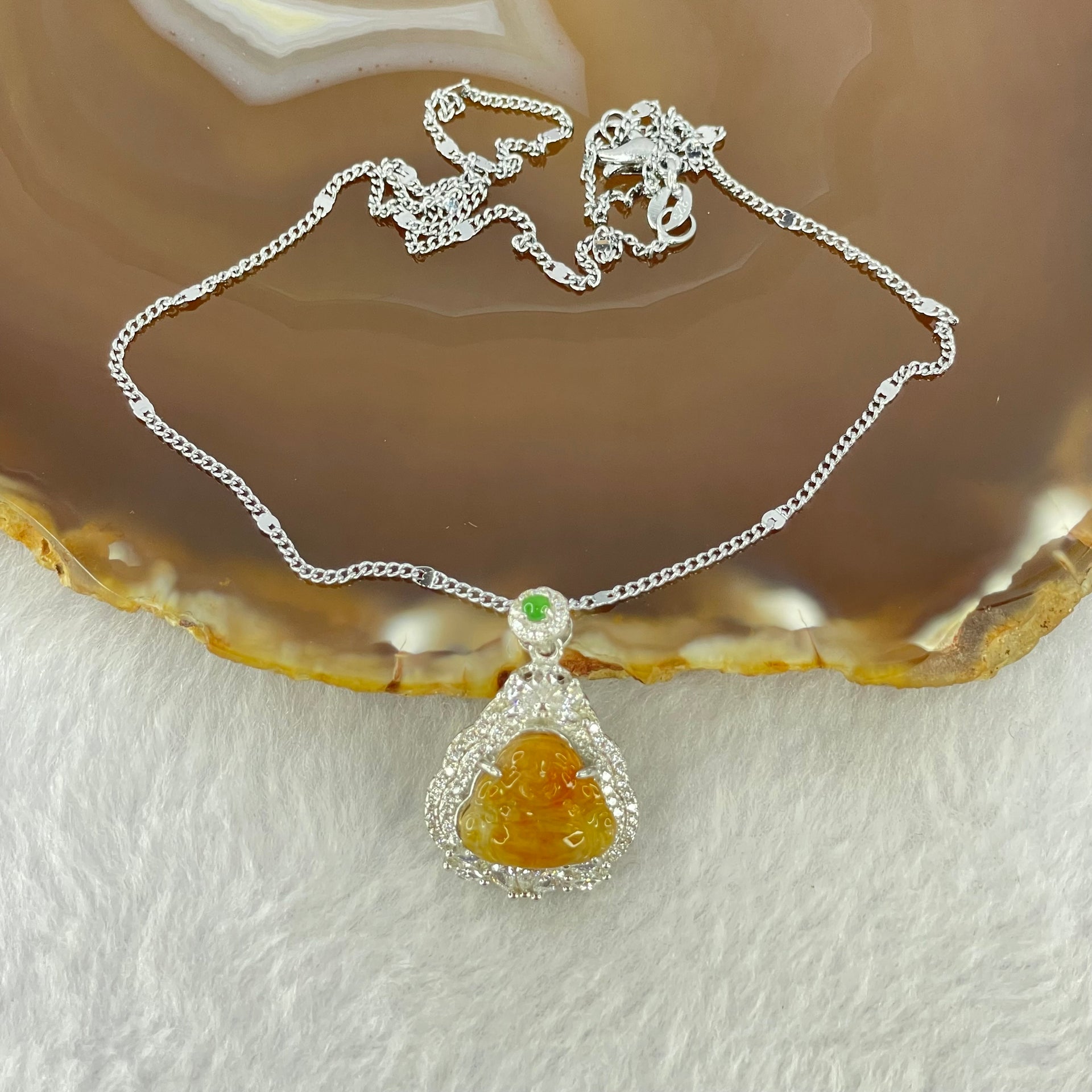 Type A Yellow Jadeite Milo Buddha 11.9 by 12.6 by 3.5mm Pendent with Crystals in S925 Sliver Necklace 5.41g - Huangs Jadeite and Jewelry Pte Ltd