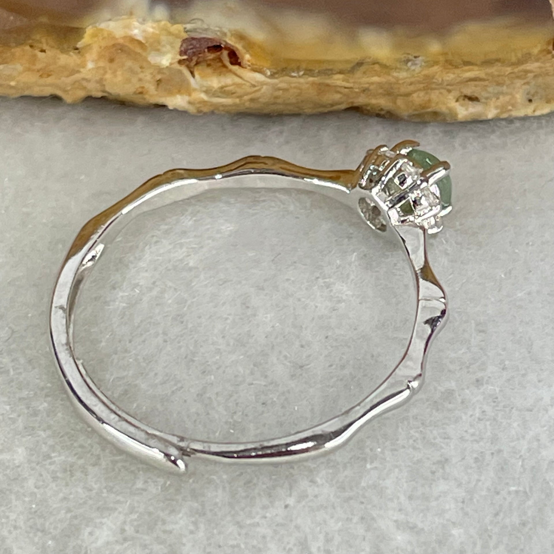Type A Semi Icy Green Cabochon Jadeite in S925 Sliver Bamboo Ring (Adjustable Size) 0.97g 3.7 by 2.8mm - Huangs Jadeite and Jewelry Pte Ltd