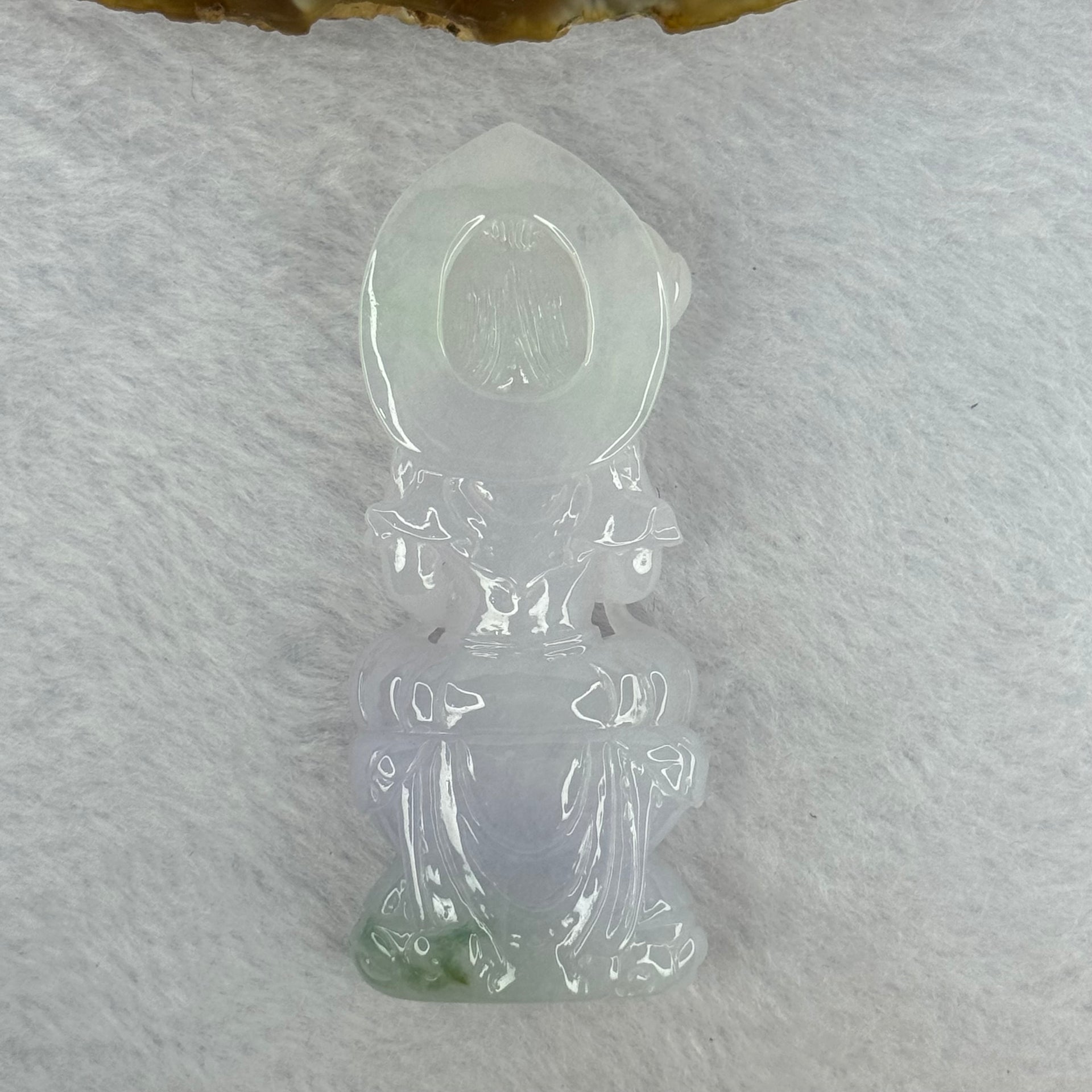 Type A Light Lavender with Green Patches Jadeite Guan Yin Pendent with Wooden Stand 111.55g  111.8 by 58.7 by 46.6mm - Huangs Jadeite and Jewelry Pte Ltd