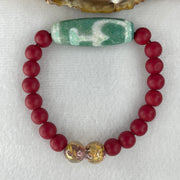 Natural Powerful Tibetan Old Oily Agate 2 Nectar Vessel Dzi Bead Heavenly Master (Tian Zhu) 38.1 by 13.2mm with Natural Red Agate Beads Bracelet 24.23g 15cm 8.0mm 17 Beads - Huangs Jadeite and Jewelry Pte Ltd