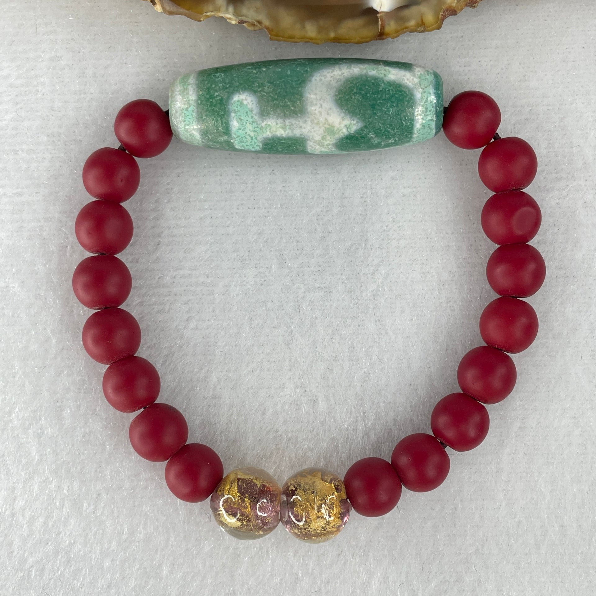 Natural Powerful Tibetan Old Oily Agate 2 Nectar Vessel Dzi Bead Heavenly Master (Tian Zhu) 38.1 by 13.2mm with Natural Red Agate Beads Bracelet 24.23g 15cm 8.0mm 17 Beads - Huangs Jadeite and Jewelry Pte Ltd