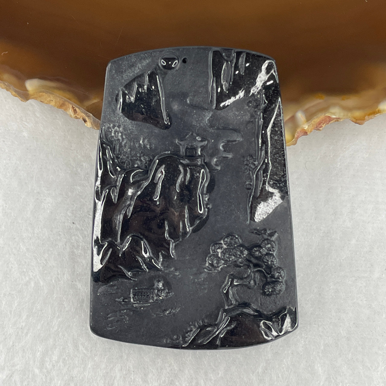 Certified Type A Opaque Black Omphacite Jadeite Shan Shui & Gui Ren Pendant | 54mm Natural Black Jade Mountain Water & Benefactor Talisman (17.32g | 54.7 x 37.9 x 7.9mm)
