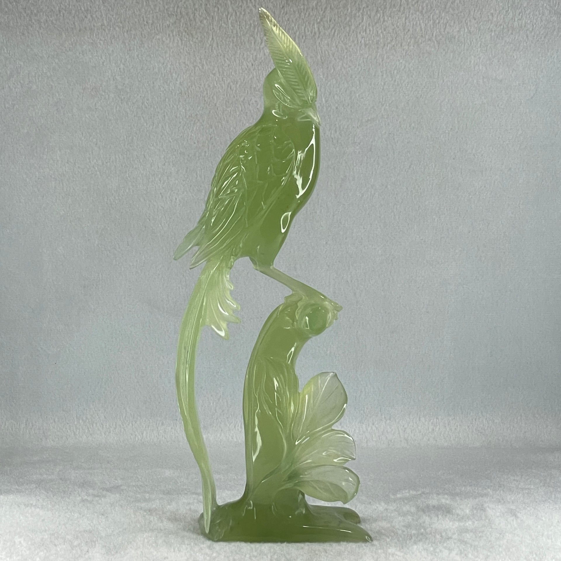 Natural Green Serpentine Phoenix on Tree with Wooden Stand Display 507.8g 114.0 by 265.0 by 84.0mm - Huangs Jadeite and Jewelry Pte Ltd