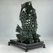 Natural Dark Green Serpentine Carp Fish with Wooden Stand Display 1,215.0g 160.0 by 120.0 by 230.0mm - Huangs Jadeite and Jewelry Pte Ltd