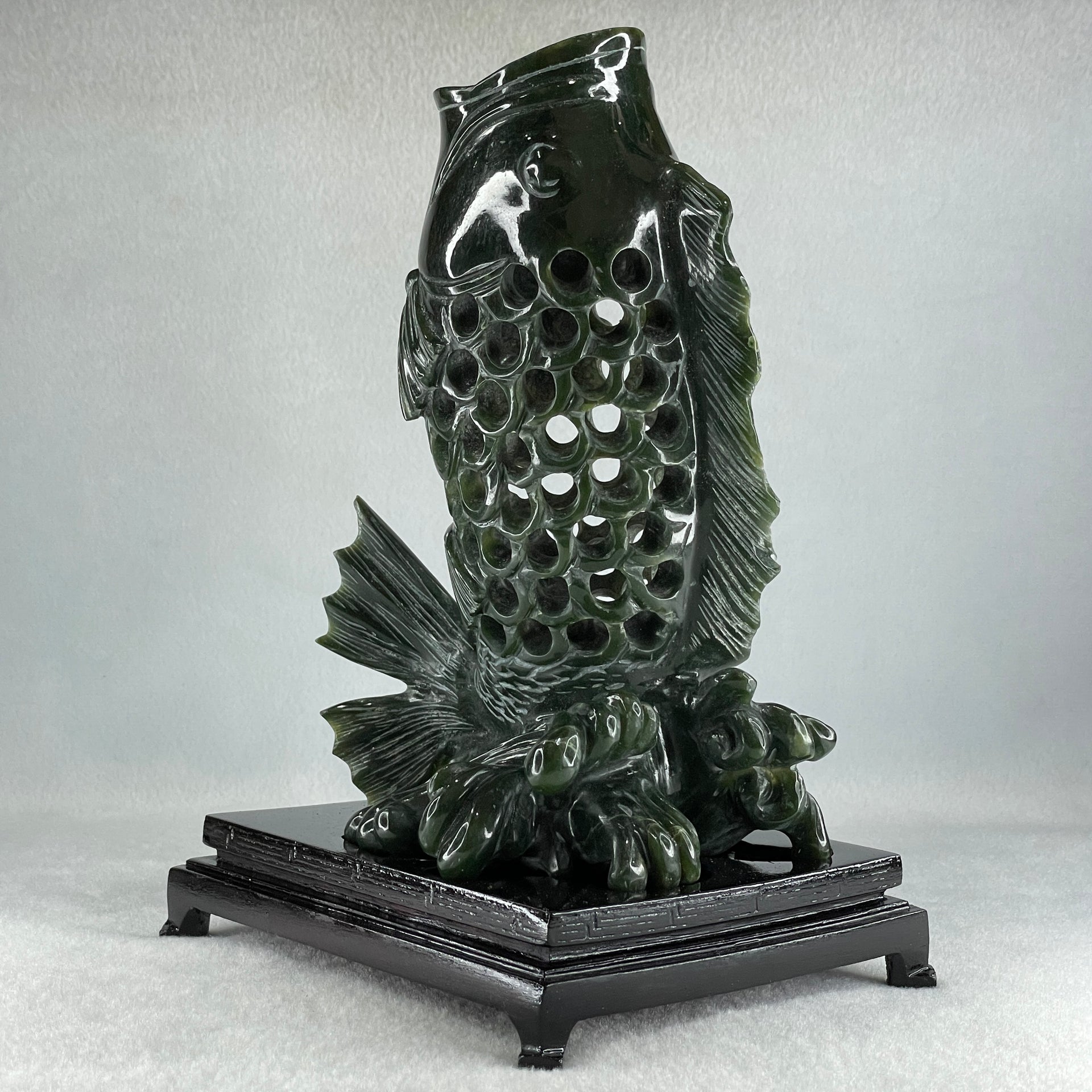 Natural Dark Green Serpentine Carp Fish with Wooden Stand Display 1,215.0g 160.0 by 120.0 by 230.0mm - Huangs Jadeite and Jewelry Pte Ltd