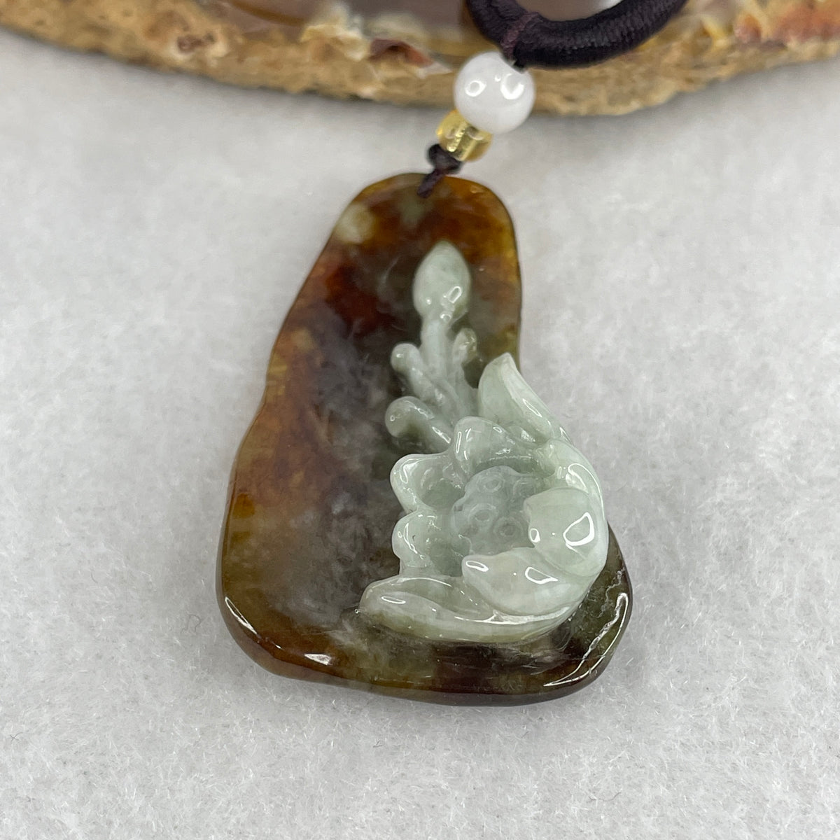 Natural Type A Light Green with Brownish Jadeite Lotus Flower Pendant | Spiritual Rebirth & Earth Grounding (14.29g | 45.0x26.0x11.2mm)