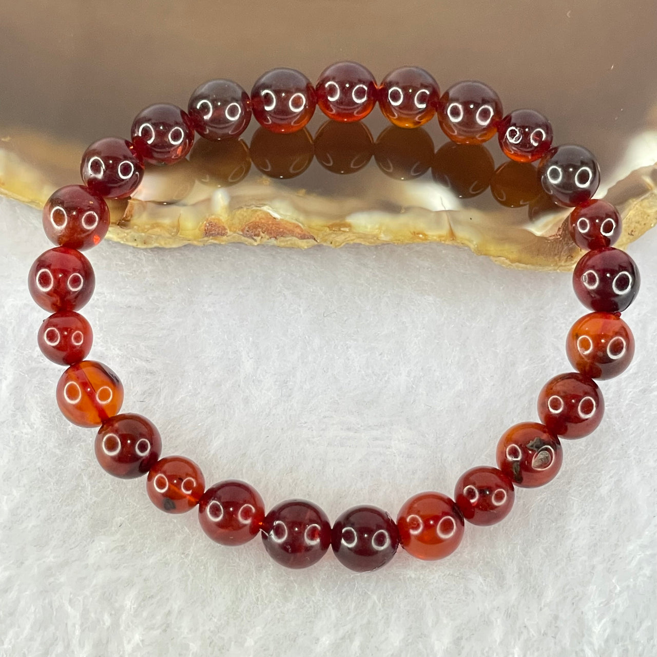 Natural Blood Red Amber Beads Bracelet 4.78g 14.5cm 7.3mm 25 Beads - Huangs Jadeite and Jewelry Pte Ltd