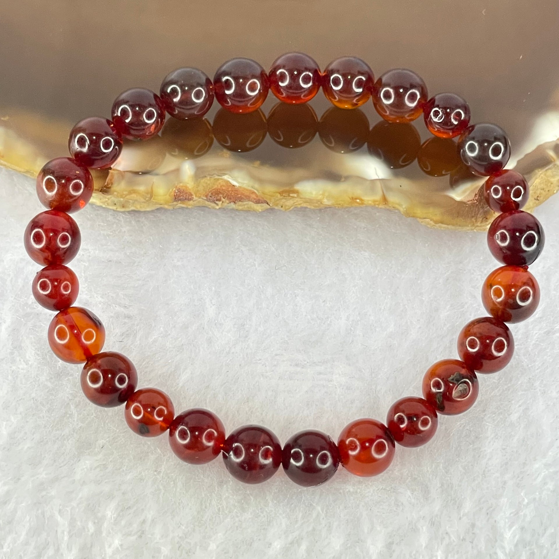 Natural Blood Red Amber Beads Bracelet 4.78g 14.5cm 7.3mm 25 Beads - Huangs Jadeite and Jewelry Pte Ltd