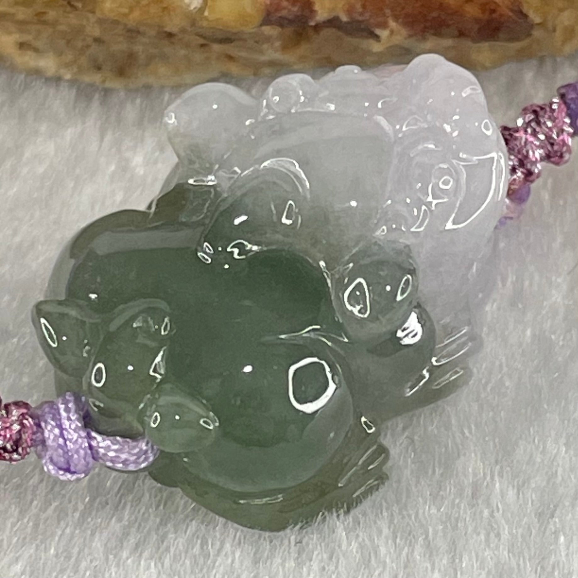 Type A Blueish Green with Lavender Jadeite Male Pixiu String Bracelet 10.74g 14cm 23.0 by 17.6 by 12.8mm - Huangs Jadeite and Jewelry Pte Ltd