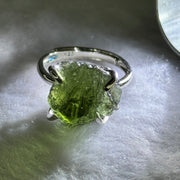 Natural Czech Republic Moldavite Meteorite Crystal in S925 Sliver Ring (Adjustable Size) 天然捷克陨石925银戒指 4.59g 14.0 by 13.3 by 13.5mm - Huangs Jadeite and Jewelry Pte Ltd