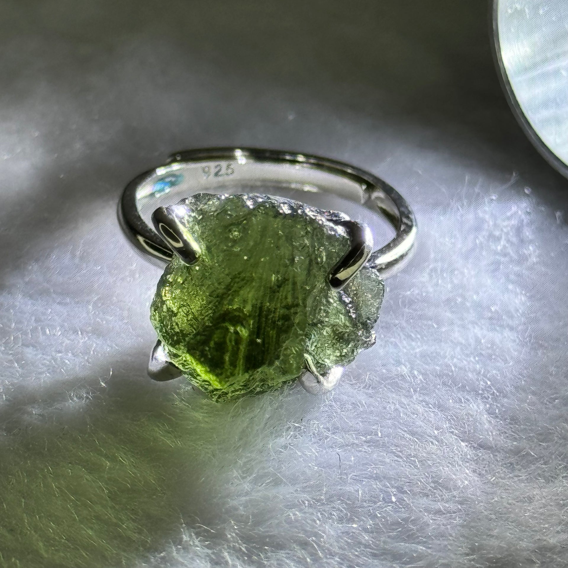 Natural Czech Republic Moldavite Meteorite Crystal in S925 Sliver Ring (Adjustable Size) 天然捷克陨石925银戒指 4.59g 14.0 by 13.3 by 13.5mm - Huangs Jadeite and Jewelry Pte Ltd