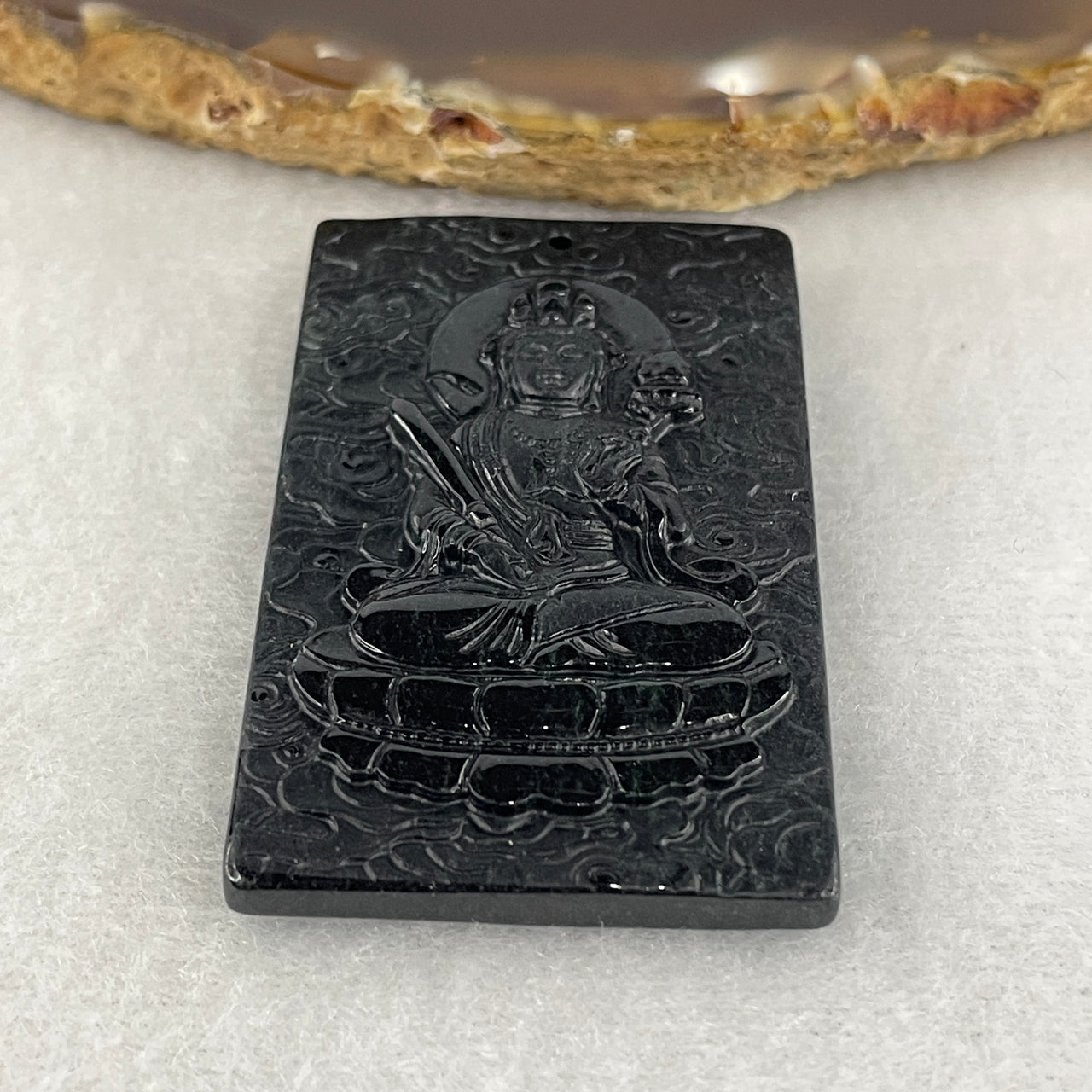 Certified Type A Black Omphacite Jadeite Akasagarbha Bodhisattva & Jade Emperor Pendant | 52mm Natural Black Jade Space Treasury & Celestial Governance Talisman (26.55g | 52.1 x 21.4 x 7.0mm)