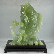 Natural Green Serpentine Carp Fish with Gui ren and Lotus with Wooden Stand Display 2277.9g 215.0 by 120.0 by 250.0mm - Huangs Jadeite and Jewelry Pte Ltd