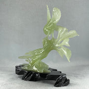 Natural Green Serpentine Twin Magpie Birds on Tree with Wooden Stand Display 453.4g 230.0 by 196.0 by 79.0mm - Huangs Jadeite and Jewelry Pte Ltd