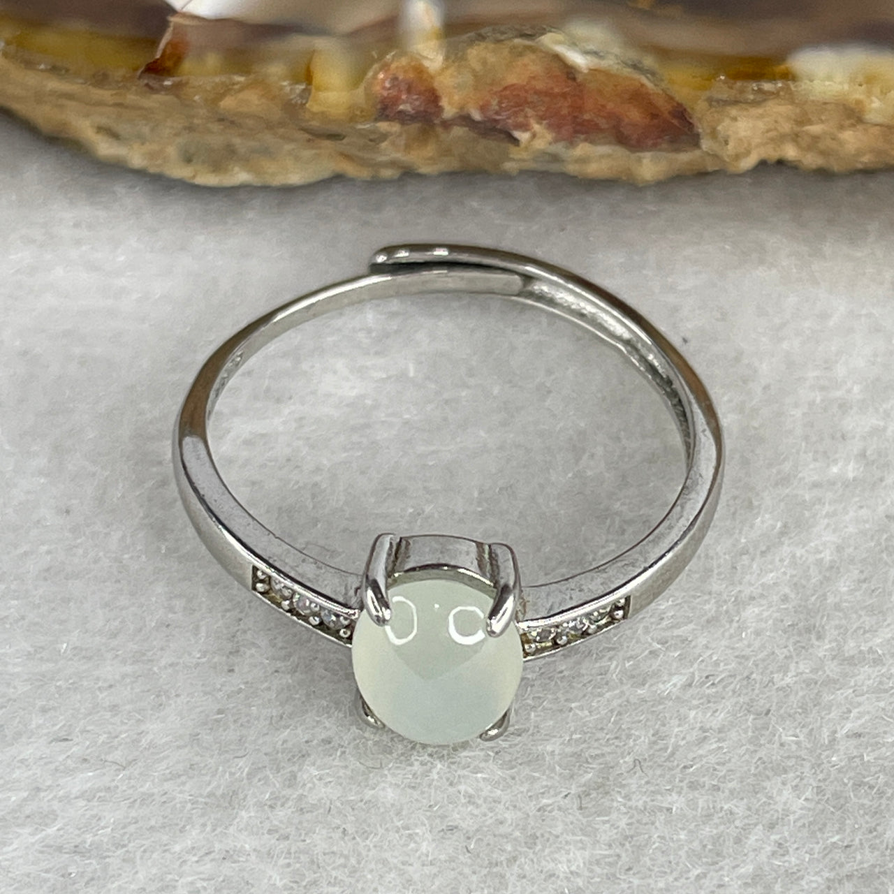 Type A Icy Pure White Jadeite Cabochon Ring | Liquid-Glass Translucent Cushion Orb | Solid S925 Sterling Silver Setting | Smart Adjustable Sizing (1.84g 7.8x6.0x3.0mm)