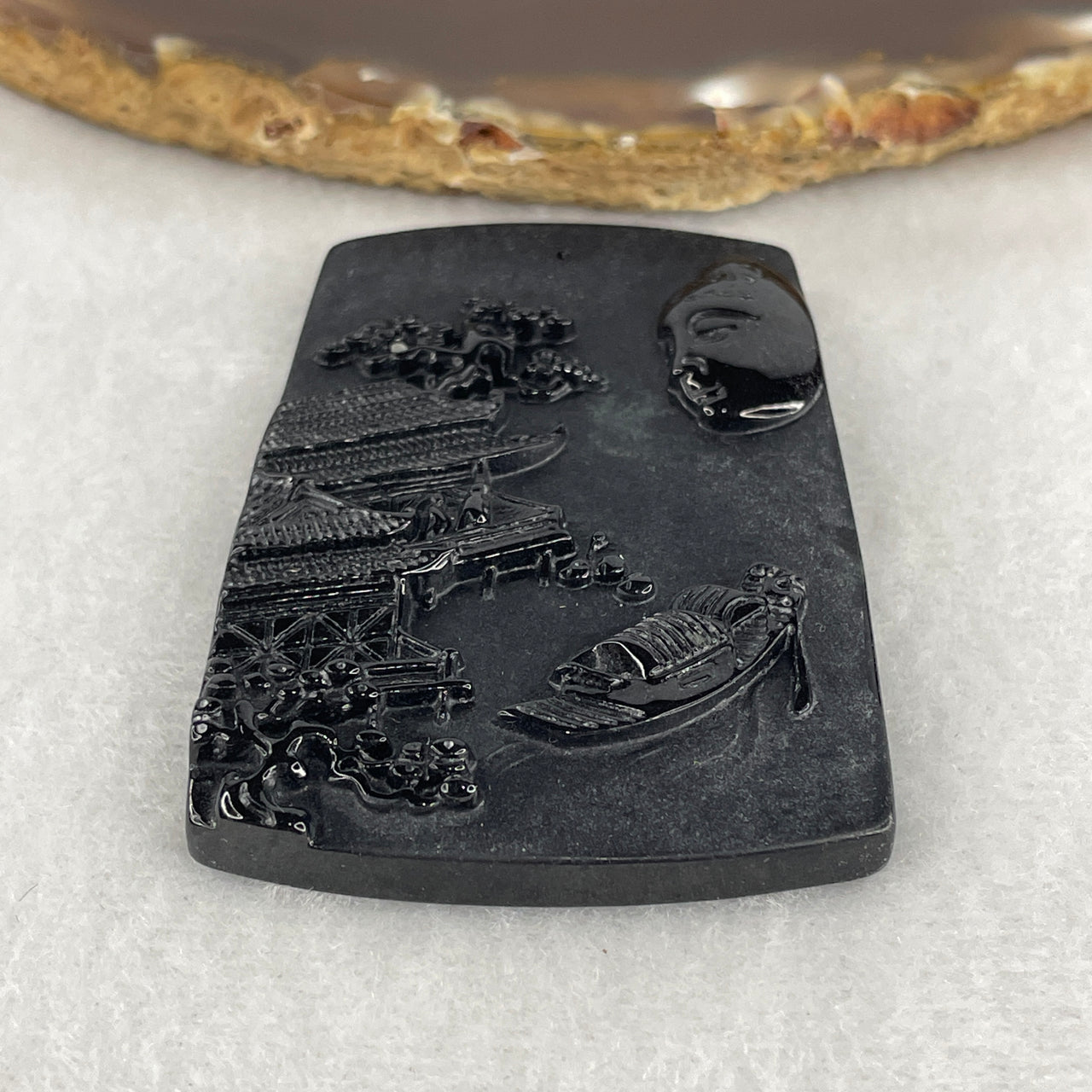 Certified Type A Opaque Black Omphacite Jadeite Shan Shui & Buddha Face Pendant | Harmony Landscape & Enlightenment Amulet (23.45g | 59.9 x 41.6 x 7.0mm)