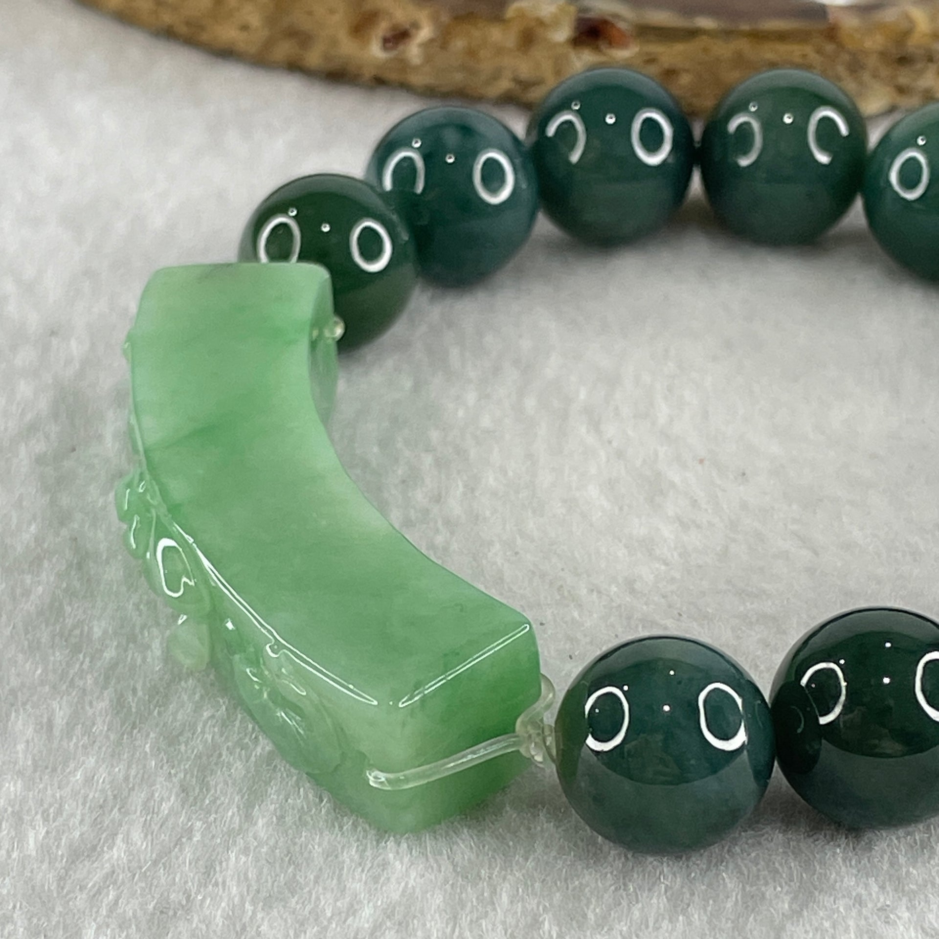 Type A Burmese Old Mine Blueish Green Jadeite Beads with Green Jadeite Twin Koi Fish and Flower Bracelet 60.96g 12.8mm 12 Beads 51.5 by 10.4 by 14.4mm - Huangs Jadeite and Jewelry Pte Ltd