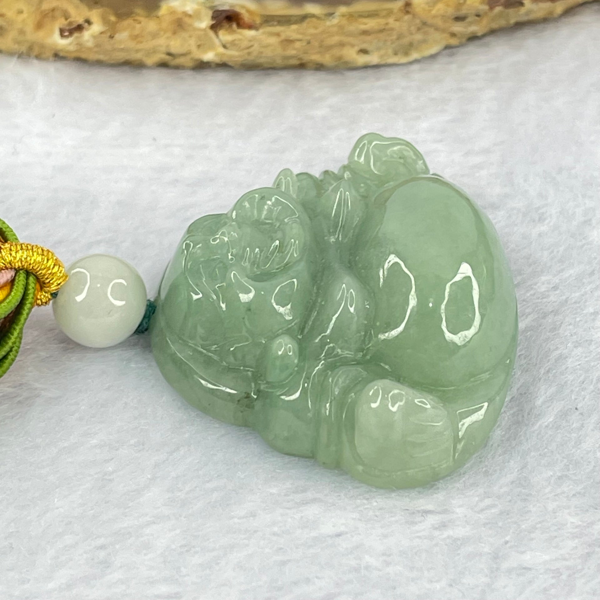 Type A Green Jadeite Milo Buddha Pendant and Beads Necklace 43.19g 31.3 by 40.8 by 12.1mm - Huangs Jadeite and Jewelry Pte Ltd