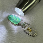 Type A ICY Blueish Green Jadeite Leaf in S925 Silver with Crystals Pendent 7.30g 23.5 by 13.5 by 3.0mm - Huangs Jadeite and Jewelry Pte Ltd