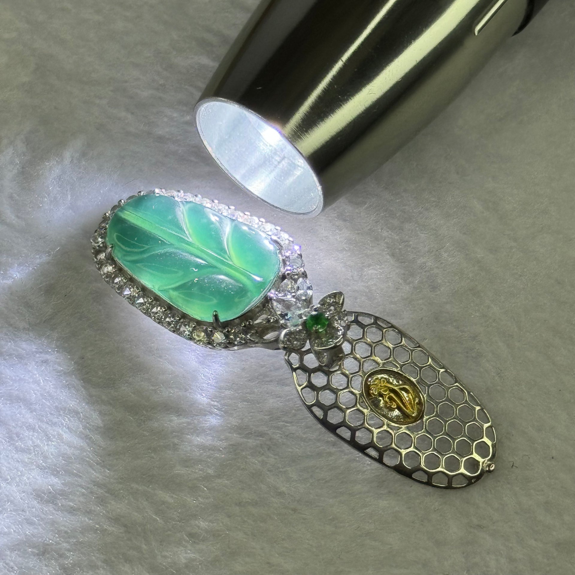 Type A ICY Blueish Green Jadeite Leaf in S925 Silver with Crystals Pendent 7.30g 23.5 by 13.5 by 3.0mm - Huangs Jadeite and Jewelry Pte Ltd