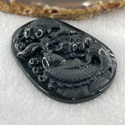 Type A Opaque to Partial Translucent Black Omphacite Jadeite Double Fish with Lotus Flower and Coins Pendant 29.11g 61.1 by 44.1 by 9.2mm - Huangs Jadeite and Jewelry Pte Ltd