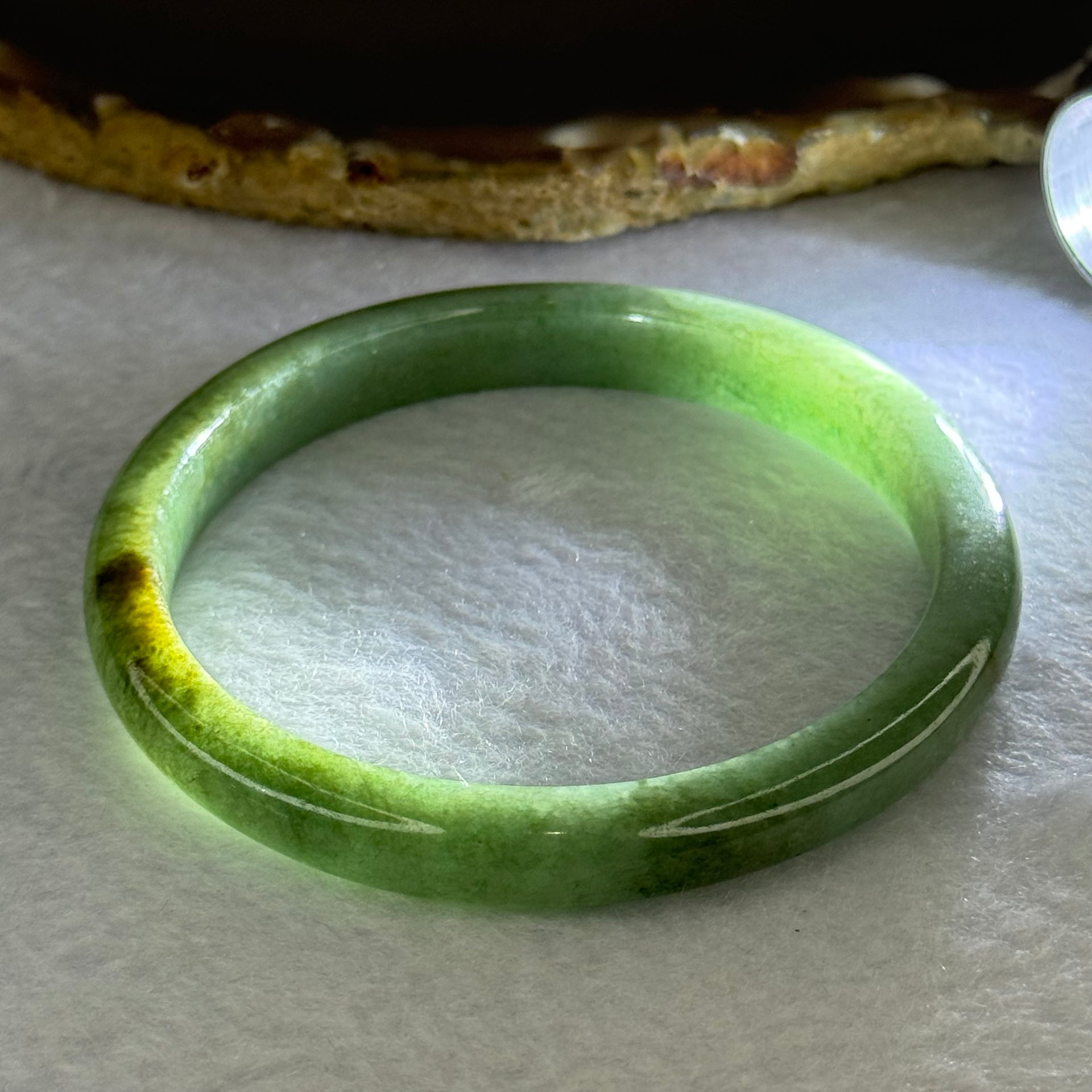 Type A Green and Dark Brown Patch Jadeite Bangle 33.95g Internal 59.3mm 9.1 by 7.1mm - Huangs Jadeite and Jewelry Pte Ltd