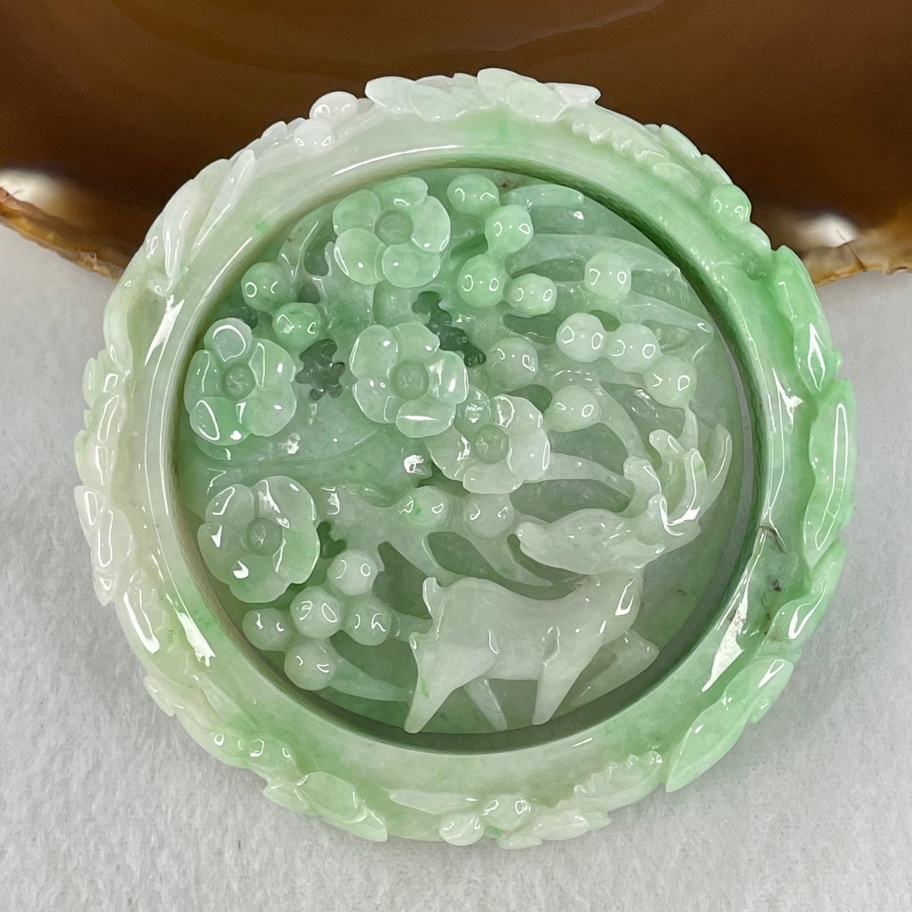 Type A Green with Faint Lavender Jadeite Deer with Ruyi and Flowers Bangle Inner Diameter 60.5mm 12.9 by 10.6mm and Pendant 58.6 by 12.9mm Total 153.67g - Huangs Jadeite and Jewelry Pte Ltd