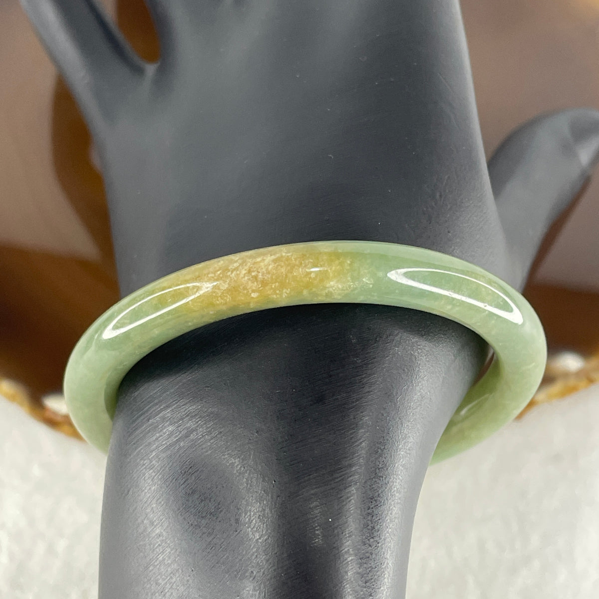 Natural Type A Green with Yellowish Jadeite Full Round Ding Dang Bangle |(24.55g | 50.9mm Inner Diameter | 7.4 x 7.0mm | Close to Perfect | Dual Wealth & Imperial Fortune Anchor, Abundance & Sovereign Bangle) - Huangs Jadeite and Jewelry Pte Ltd