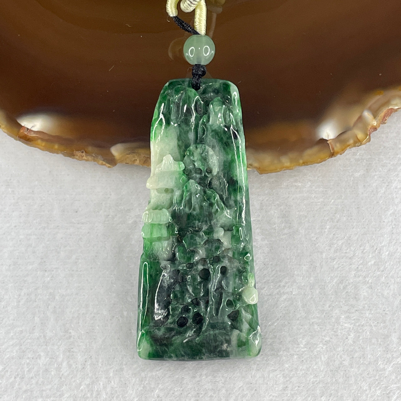 Certified Natural Type A Spicy Green with Apple Green Jadeite Shan Shui Pendant 18.15g 55.2 by 24.0 by 5.8mm