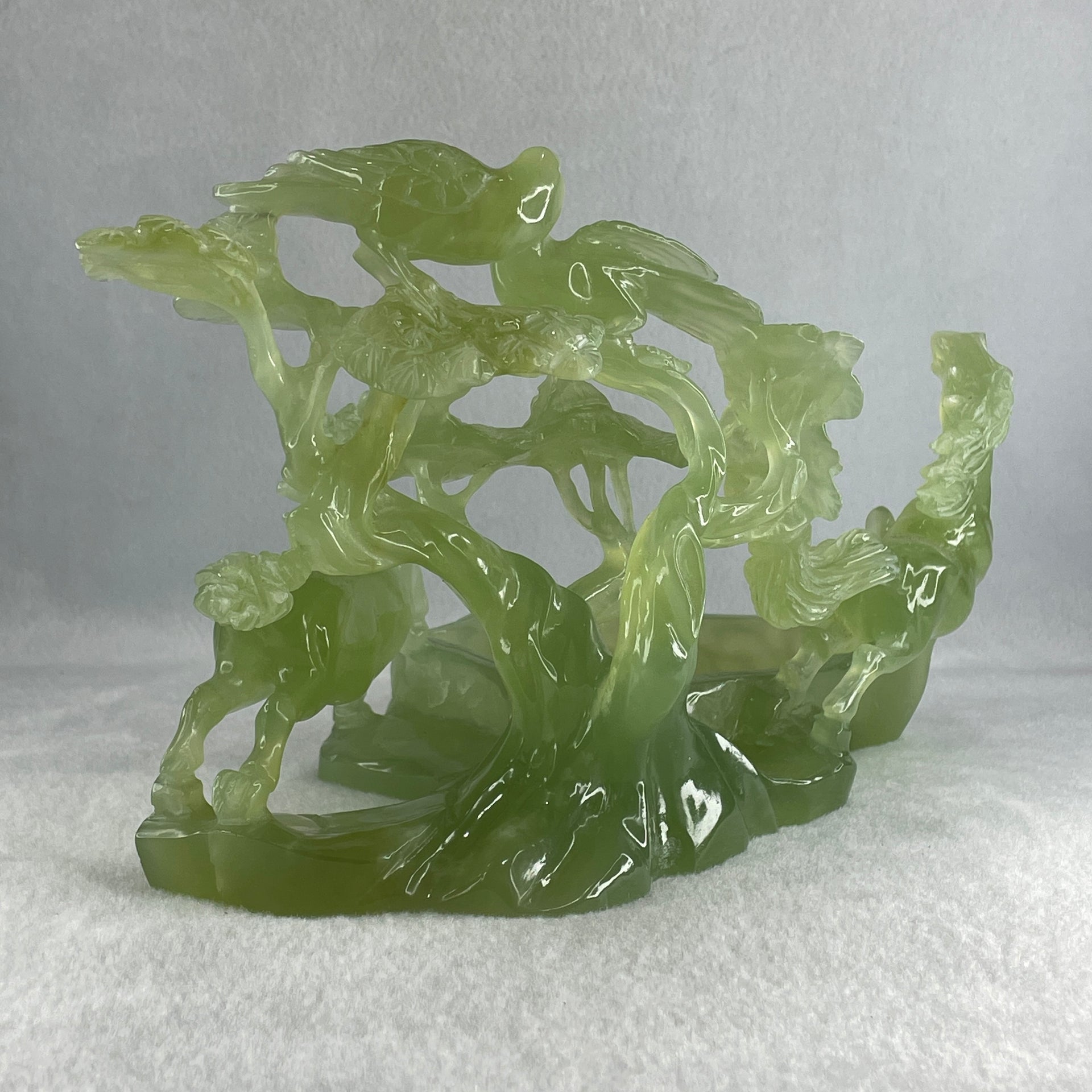 Natural Green Serpentine Double Horses with Twin Birds on Tree and Pond Display 1,254.1g L243.0 by B135.0 by H146.0mm - Huangs Jadeite and Jewelry Pte Ltd