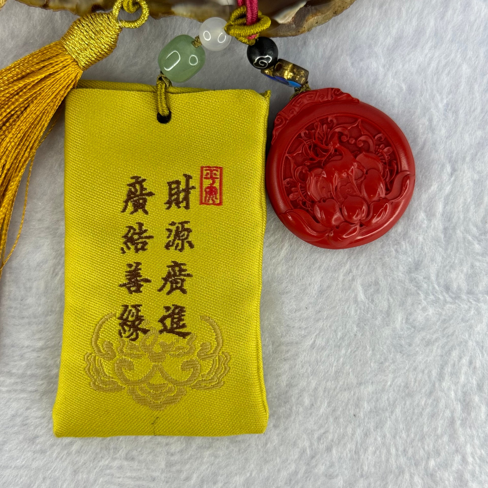 Natural Red Cinnabar Deer on Lotus Flower Pendent with Lucky Charm Bag for Good Wealth and Good Relationship 34.20g 33.2 by 30.9 by 7.5mm - Huangs Jadeite and Jewelry Pte Ltd