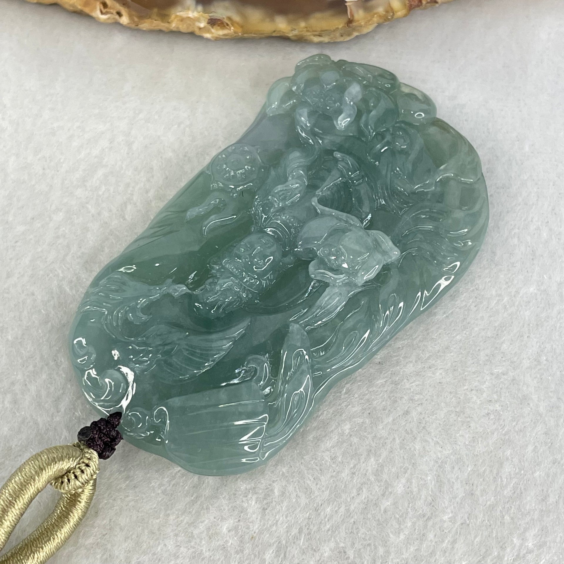 Type A Semi Icy Light Blueish Green Jadeite Guan Yin with Lotus Flower and Phoenix Pendant 40.71g 61.8 by 36.9 by 8.6mm - Huangs Jadeite and Jewelry Pte Ltd
