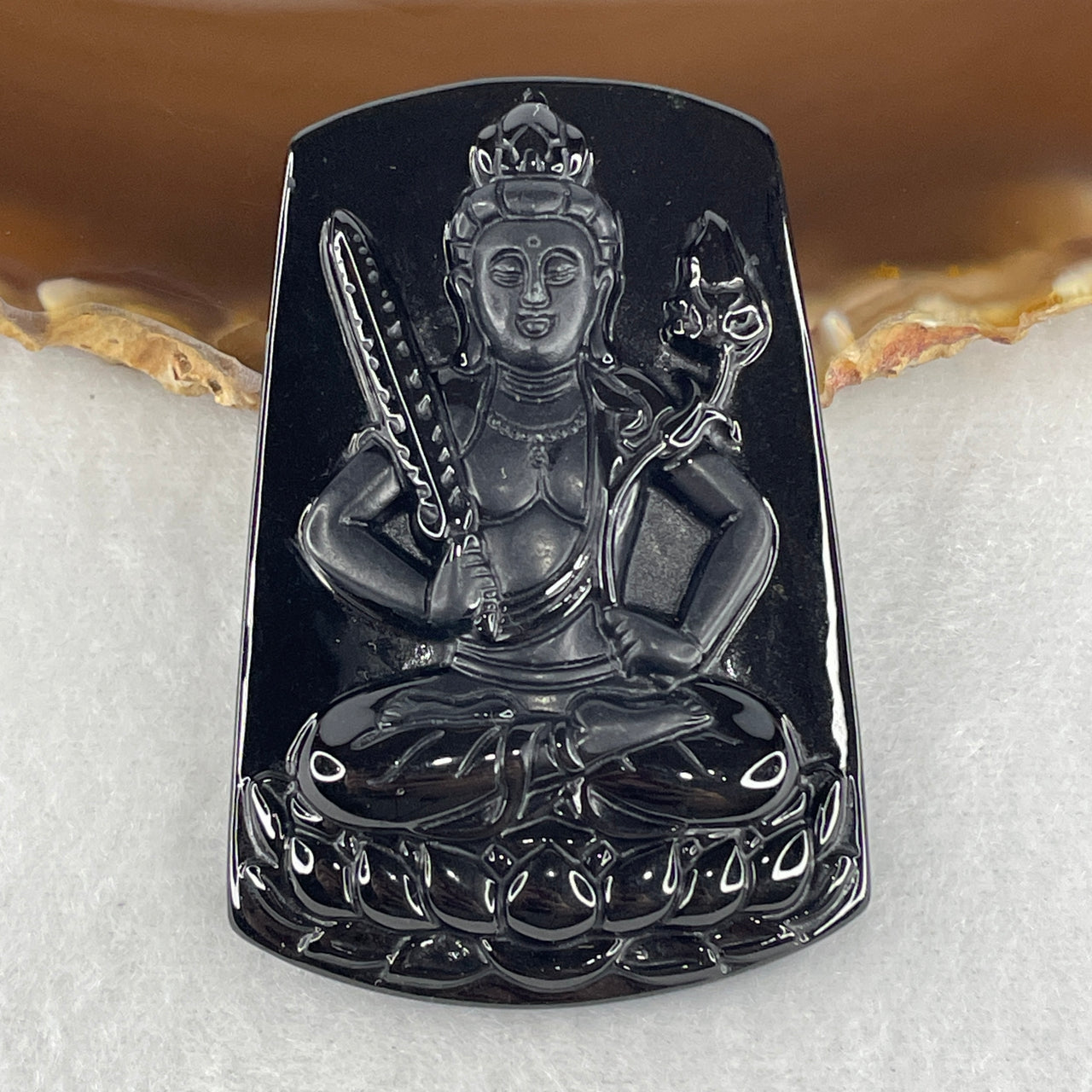 Certified Type A Black Omphacite Jadeite Akasagarbha Bodhisattva Pendant | 58mm Natural Black Jade Space Treasury Wisdom & Ox/Tiger Zodiac Amulet (23.54g | 58.5 x 39.6 x 9.2mm)