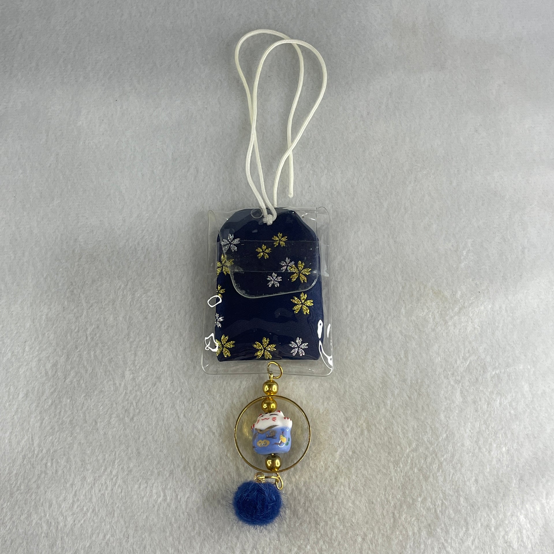 Porcelain Blue Fortune Cat Charm 13.62g 15.0 by 17.0 by 14.2mm - Huangs Jadeite and Jewelry Pte Ltd