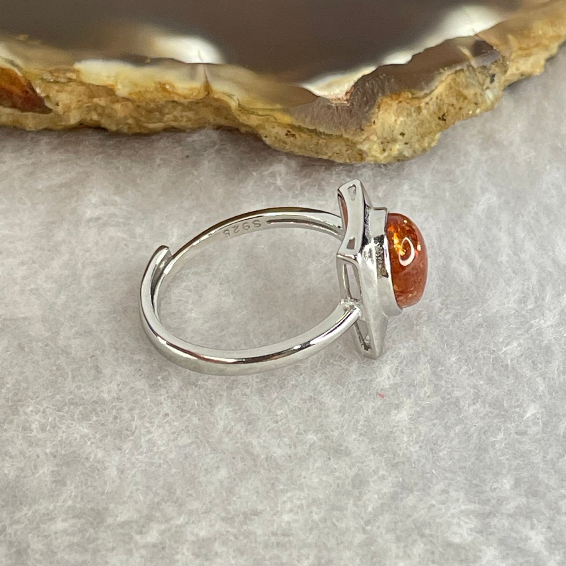 Good Grade Natural Golden Sun Stone in S925 Silver Ring (Adjustable Size) 2.17g 8.9 by 6.9 by 3.5mm - Huangs Jadeite and Jewelry Pte Ltd