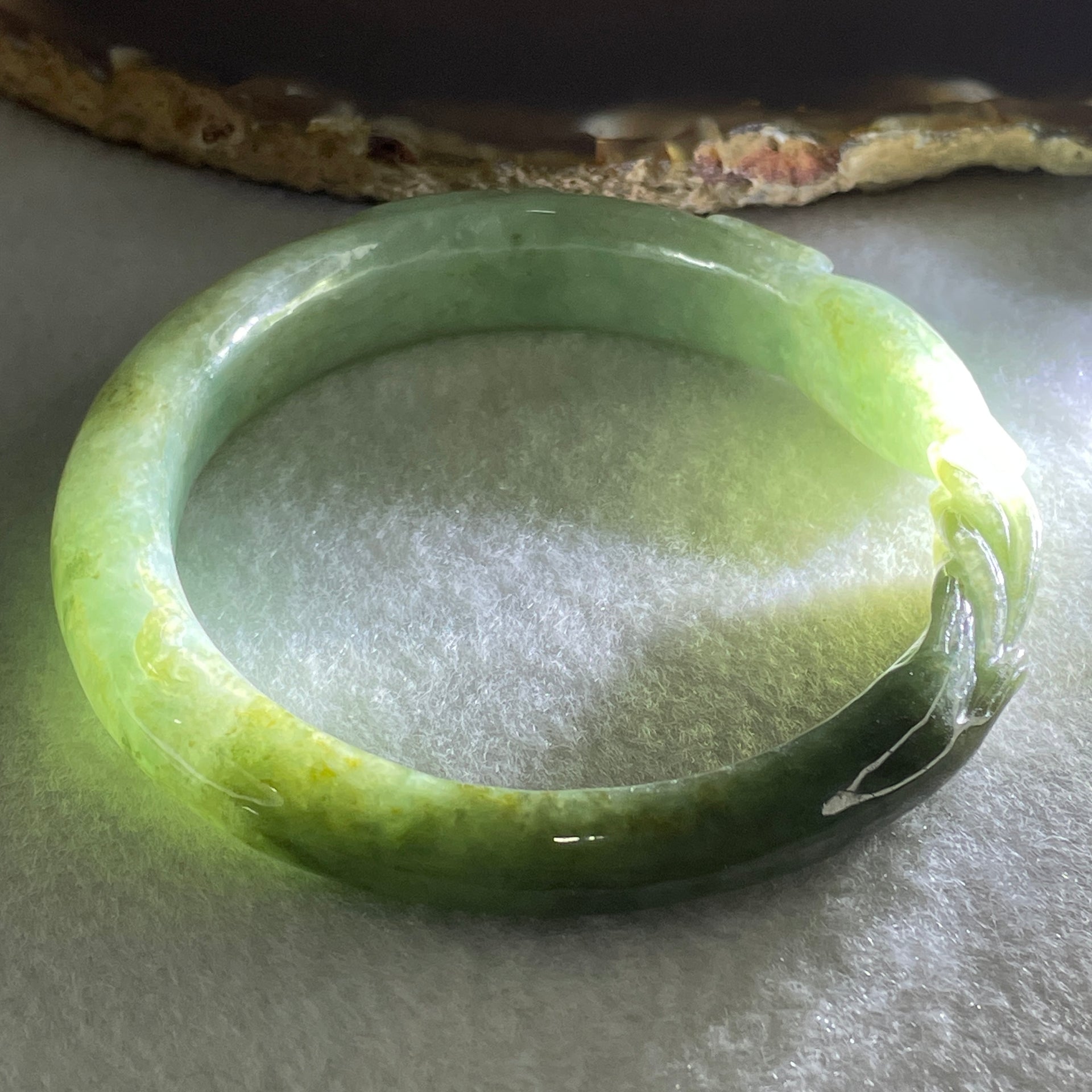 Type A Green with Dark Green Piao Hua Jadeite 9 Tail Fox Bangle Internal Diameter 55.6mm 41.22g 12.5 by 8.4mm (Internal Lines) - Huangs Jadeite and Jewelry Pte Ltd