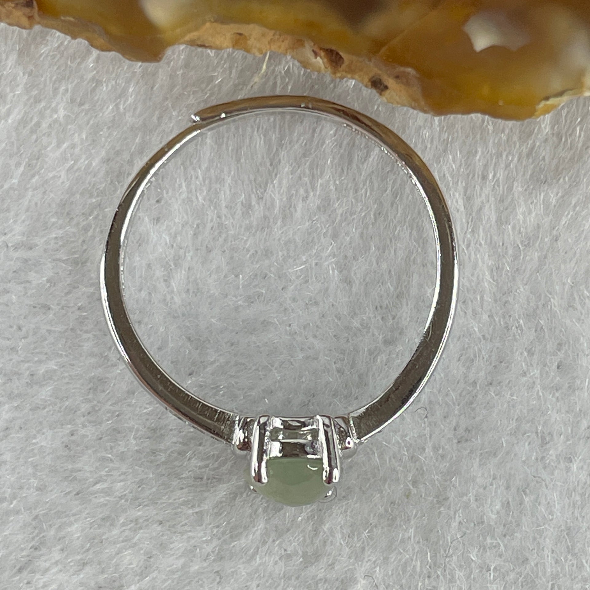 Natural Type A Semi Icy Faint Green Jadeite Oval Shape Cabouchon in S925 Silver Ring (Adjustable Size) 1.22g 7.2 by 5.0 by 2.0mm - Huangs Jadeite and Jewelry Pte Ltd