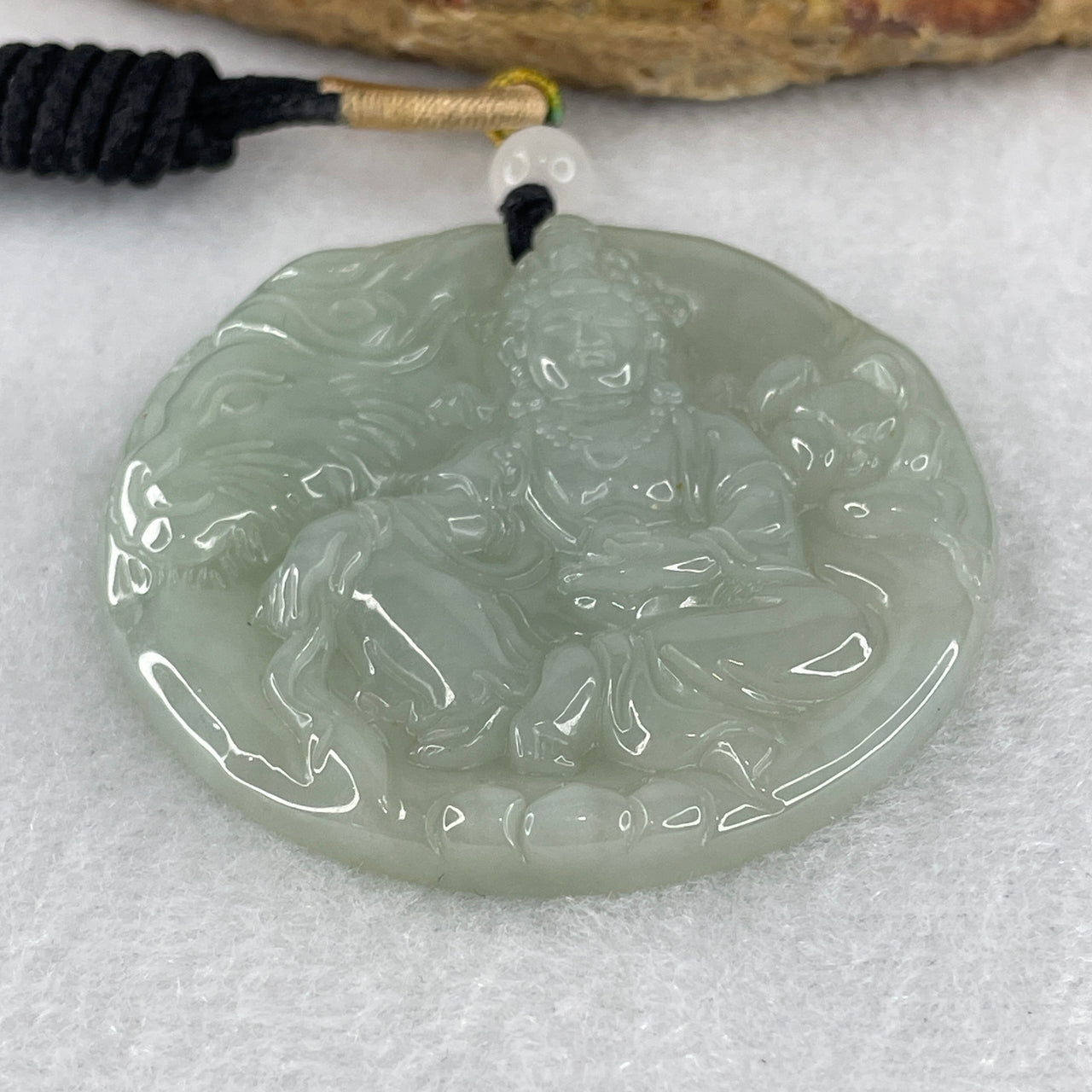 Certified Natural Type A Blueish Green Jadeite Bodhisattva of Compassion Guan Yin on Tiger Pendant 27.57g 48.6 by 5.5mm