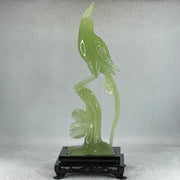 Natural Green Serpentine Phoenix on Tree with Wooden Stand Display 507.8g 114.0 by 265.0 by 84.0mm - Huangs Jadeite and Jewelry Pte Ltd