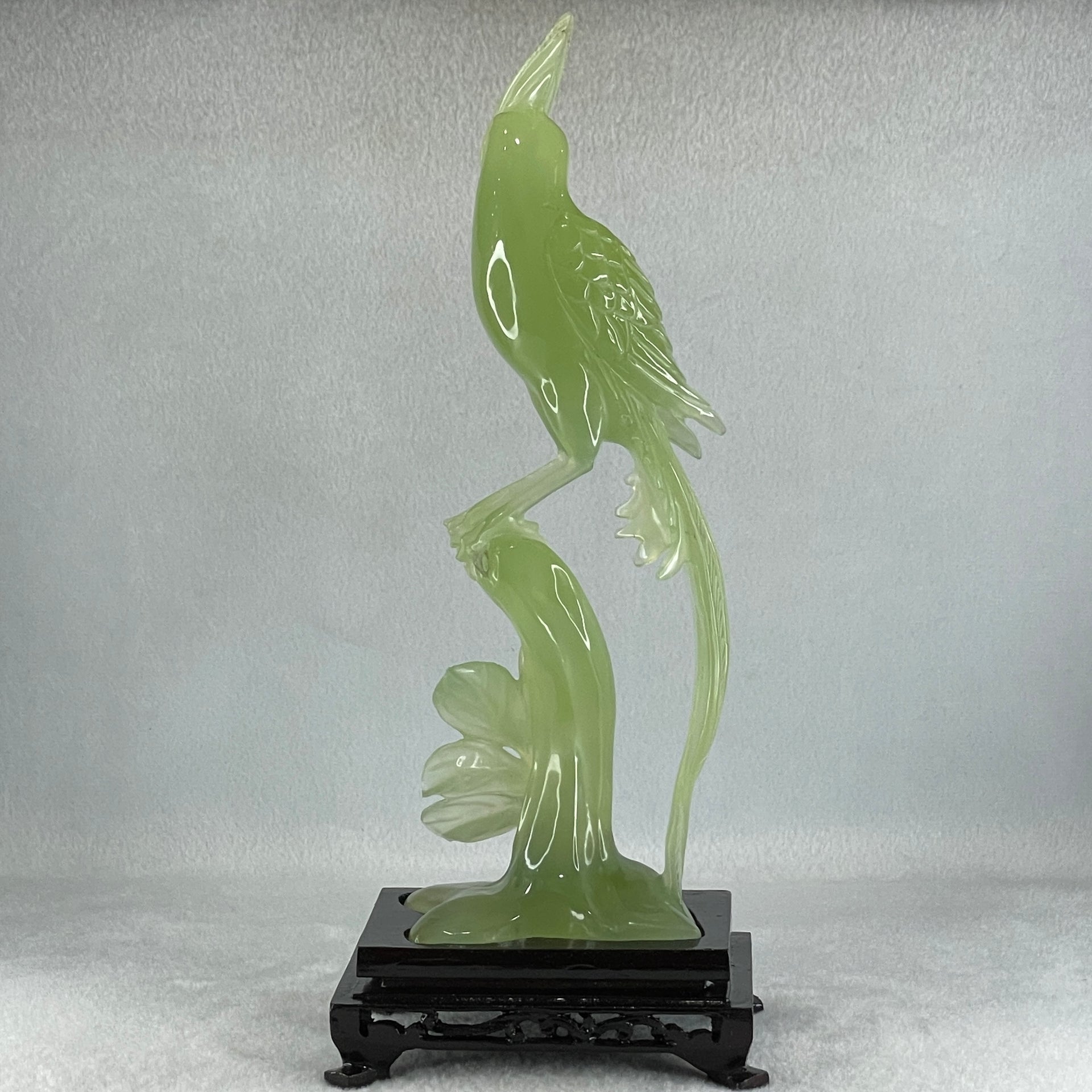 Natural Green Serpentine Phoenix on Tree with Wooden Stand Display 507.8g 114.0 by 265.0 by 84.0mm - Huangs Jadeite and Jewelry Pte Ltd