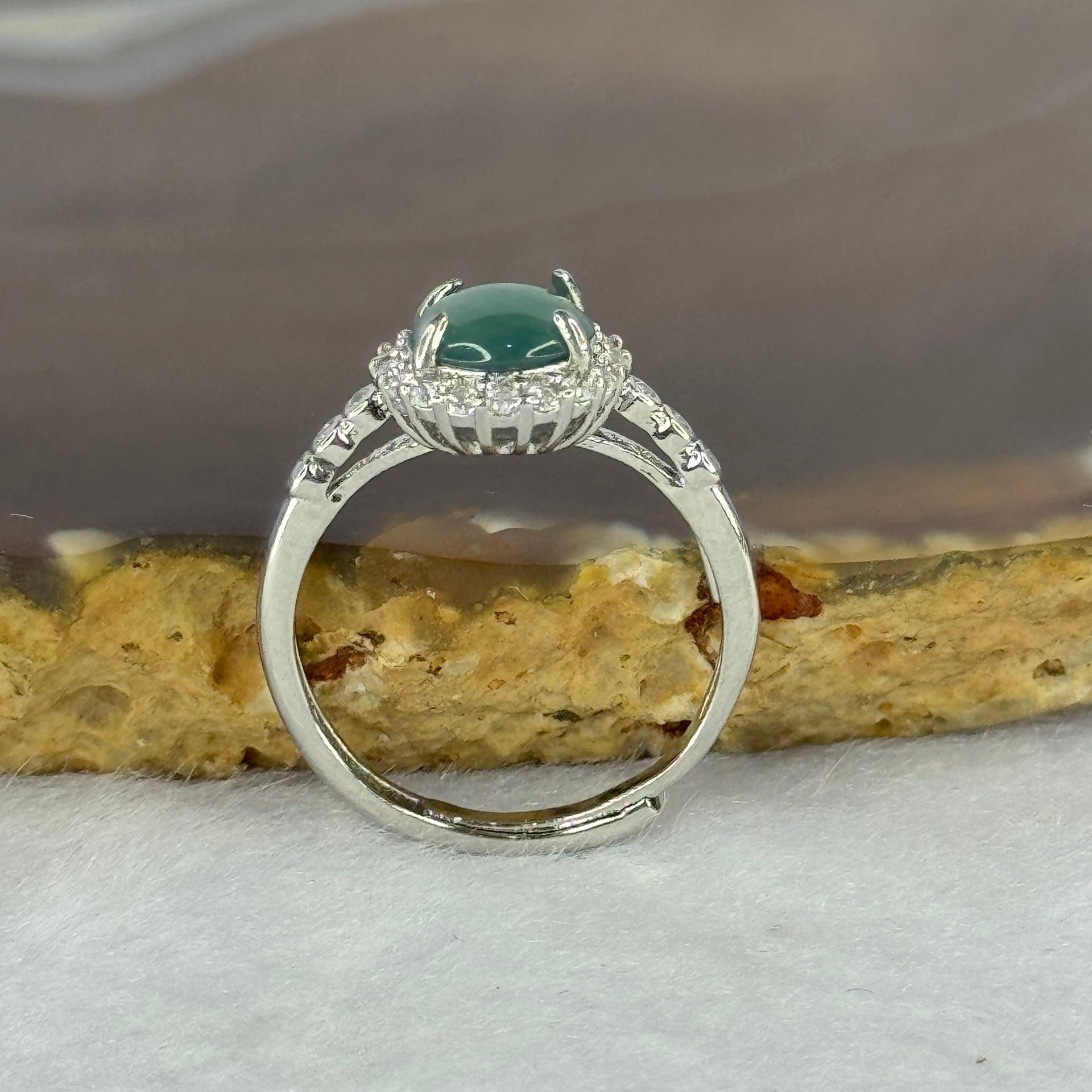 Type A Icy Blueish Green Jadeite with Crystals in Sliver Ring (Adjustable Size) 1.61g 6.9 by 2.5mm - Huangs Jadeite and Jewelry Pte Ltd