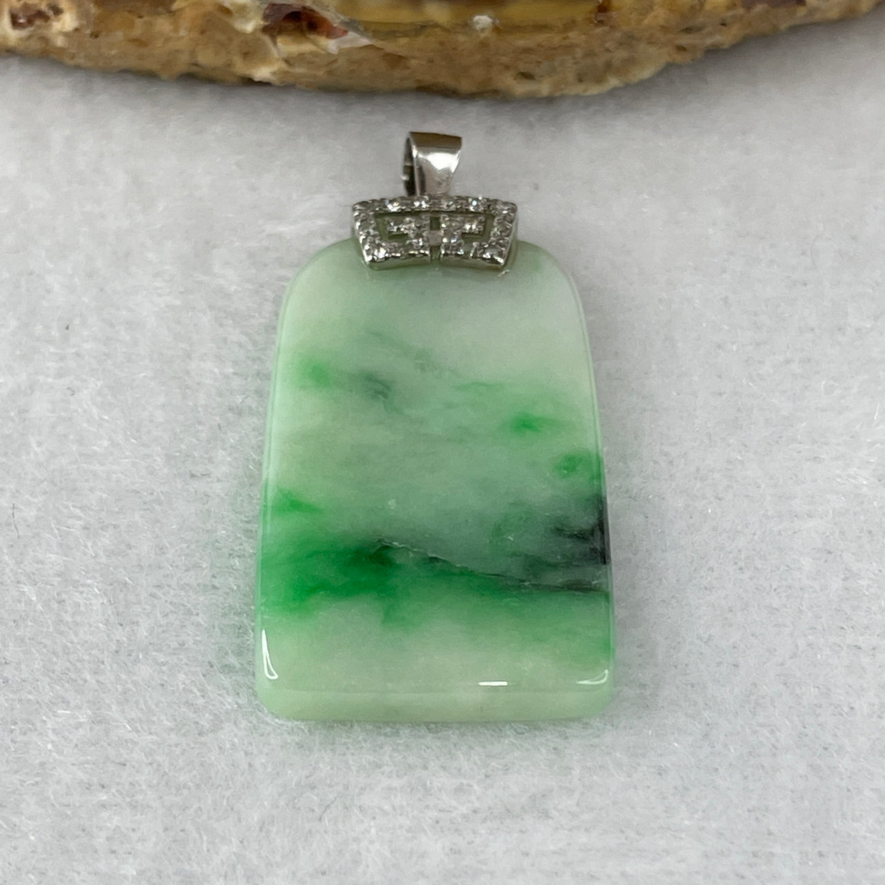 Certified Natural Type A Green & Apple Green Piao Hua Jadeite Wu Shi Pai Pendant | Premium S925 Sterling Silver Setting | Authentic Myanmar Feicui Absolute Peace & Protection Safety Tablet (6.44g | 32.0x18.3x3.3mm)