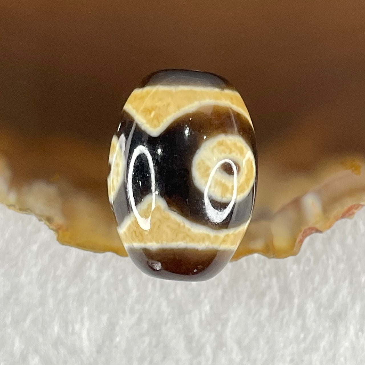 Natural Powerful Tibetan Old Oily Dark Brown With White Agate 3 Eyes Dzi Bead Heavenly Master (Tian Zhu) 三眼天诛 5.26g 19.3 by 13.8mm - Huangs Jadeite and Jewelry Pte Ltd