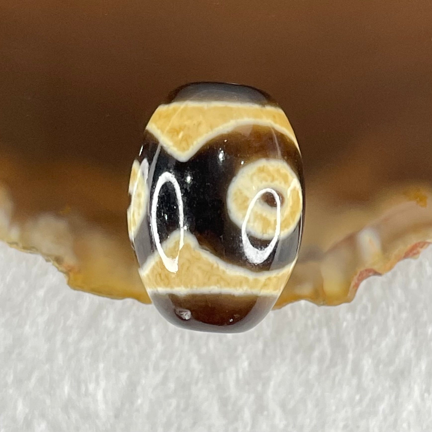 Natural Powerful Tibetan Old Oily Dark Brown With White Agate 3 Eyes Dzi Bead Heavenly Master (Tian Zhu) 三眼天诛 5.26g 19.3 by 13.8mm - Huangs Jadeite and Jewelry Pte Ltd