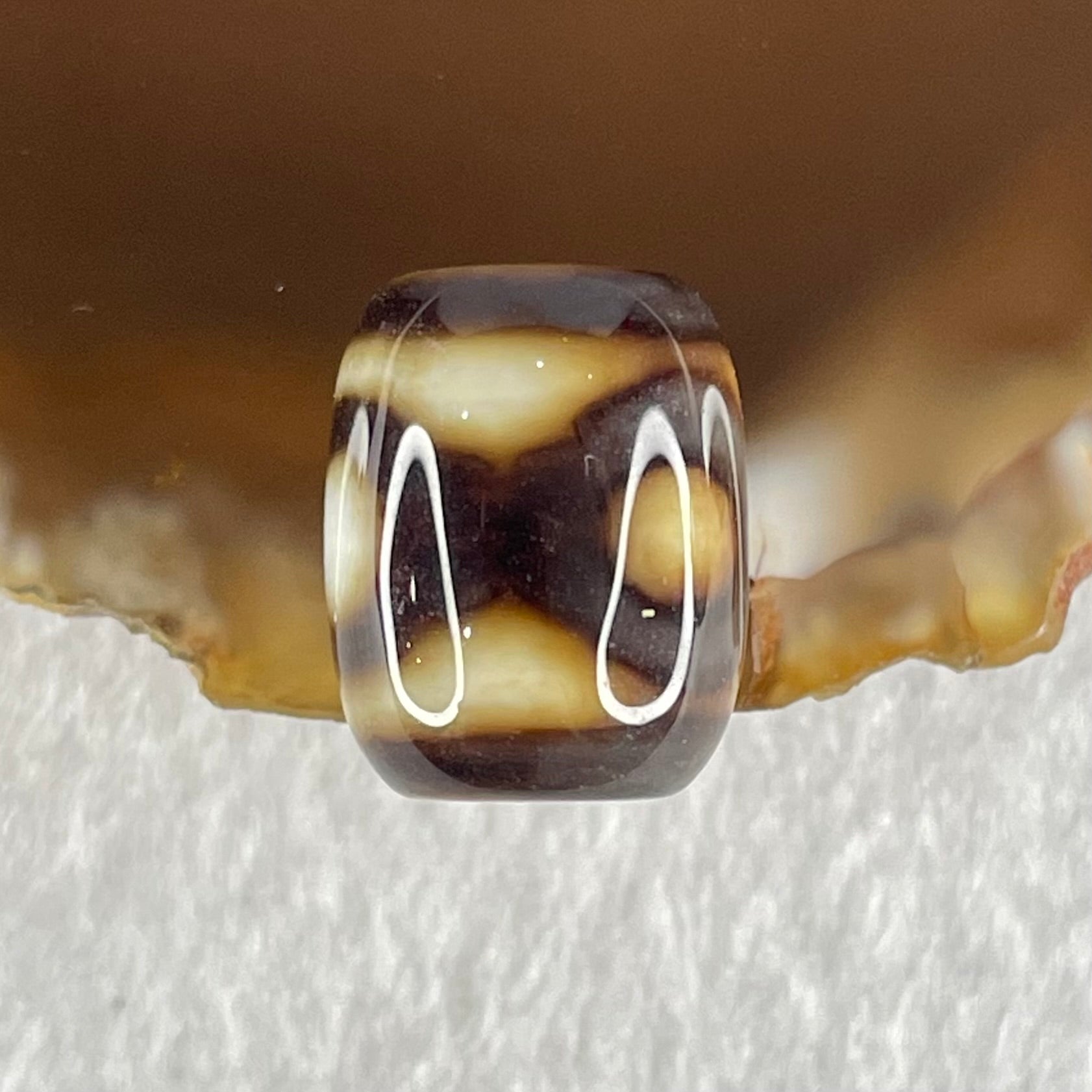 Natural Powerful Tibetan Old Oily Dark Brown with White Agate 3 Eyes Dzi Bead Heavenly Master (Tian Zhu) 三眼天诛 2.87g 13.7 by 11.0mm - Huangs Jadeite and Jewelry Pte Ltd