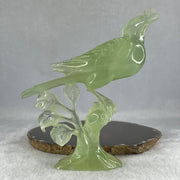 Natural Green Serpentine Bird on Plant with Wooden Stand Display 361.9g 150.0 by 80.0 by 180.0mm - Huangs Jadeite and Jewelry Pte Ltd